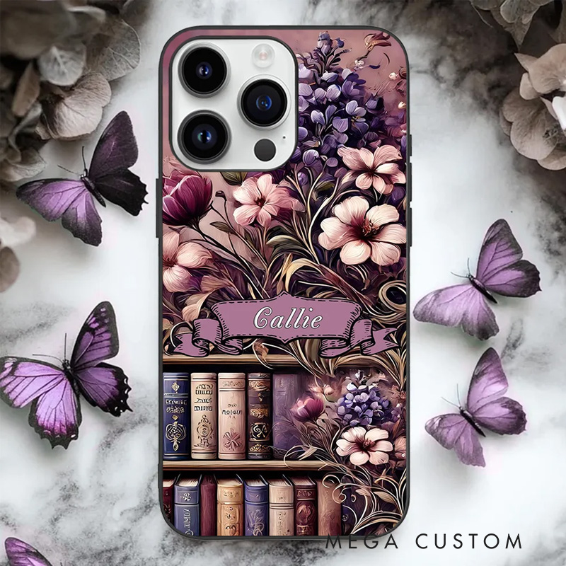 Personalized Floral Bookshelf Phone Case Vintage Oil Painting Style Phone Case with Name for Book Lovers Bookworms Readers Bookish