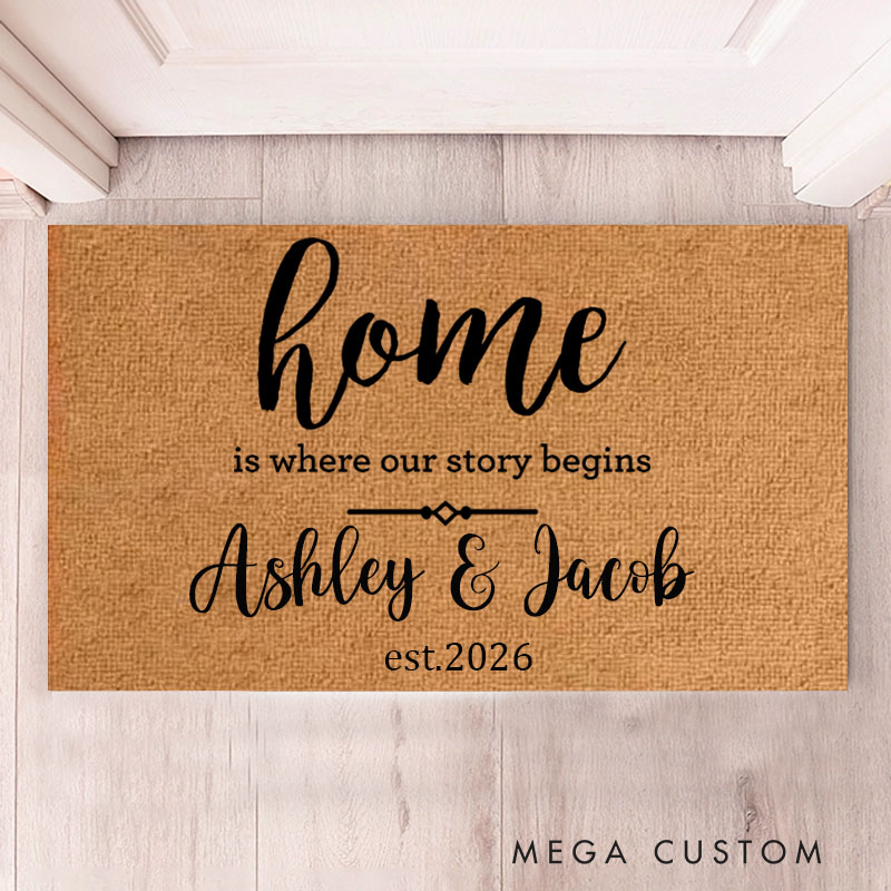 Personalized Home Doormat Custom Our Story Begins Design Durable Coir Welcome Mat for Couples New Home Housewarming Gift for Newlyweds