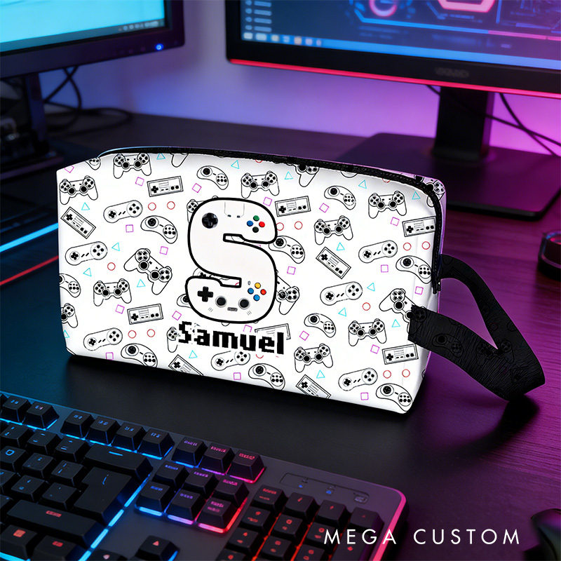 Personalized Game Controller Name Portable Toiletry Bag with Zipper and Handle Dopp Kit Travel Accessory Birthday Gift for Game Lover