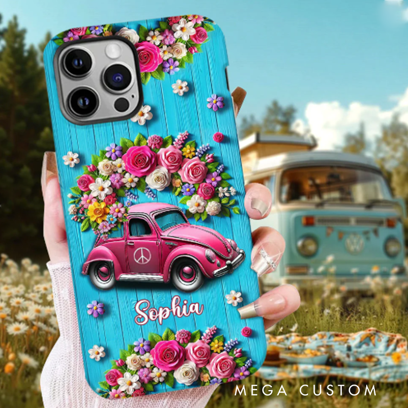 Personalized Hippie Accent Phone Case Custom Name Hippie Cars Theme and Flower Case