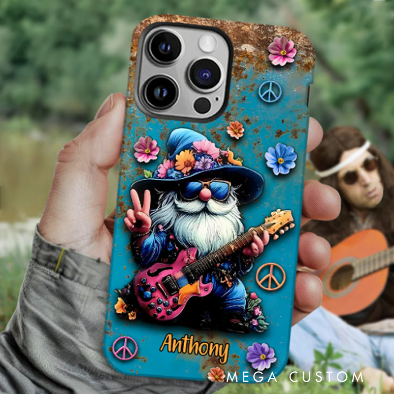 Personalized Hippie Gnome and Guitar Hipper Phone Case Custom Name Hippie Theme and Flower Case