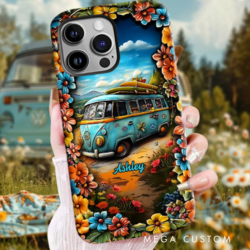 Personalized Hippie Accent Phone Case Custom Name Hippie Cars Theme and Flower Case