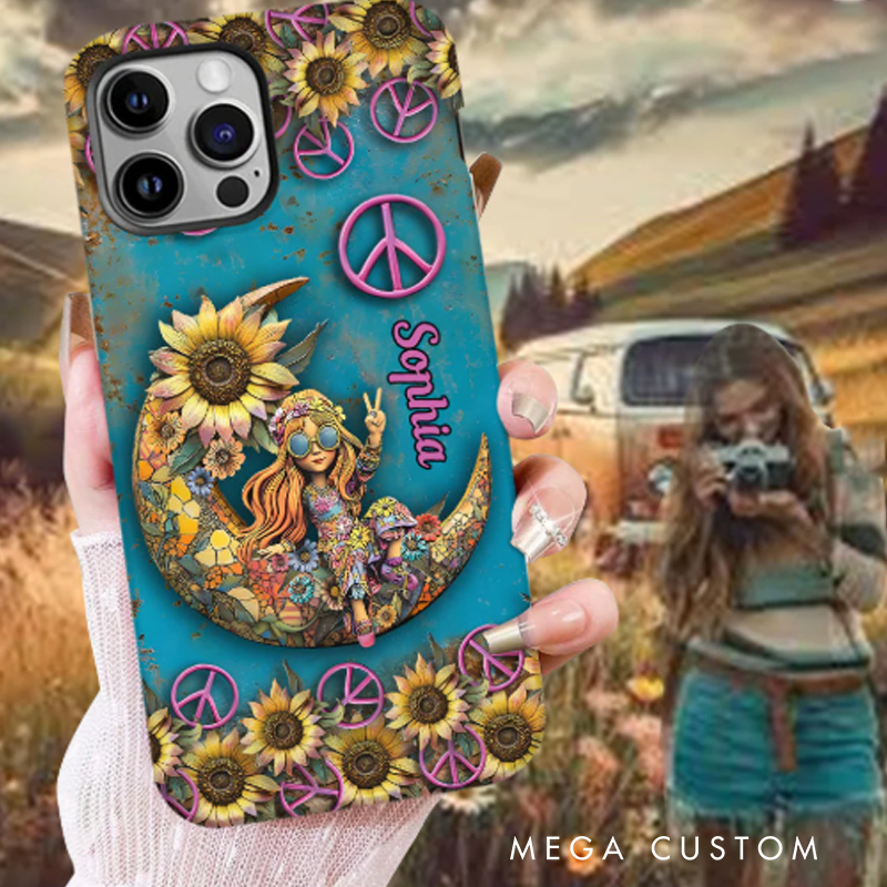 Personalized Hippie Girl Accent Phone Case Custom Name Hippie Theme and Flower Case