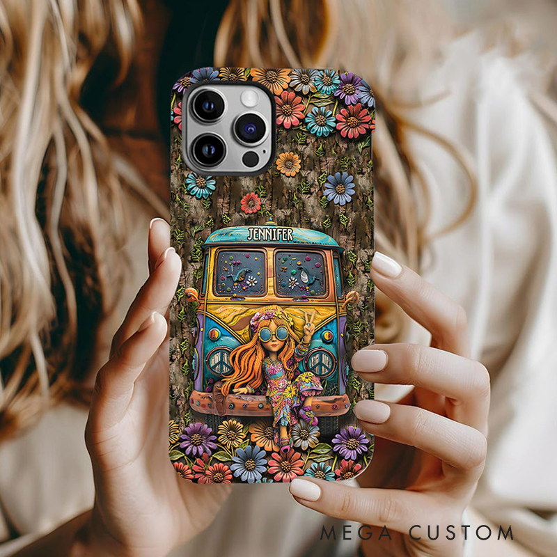 Personalized Hippie Girl and Cars Accent Phone Case Custom Name Hippie Theme and Flower Case
