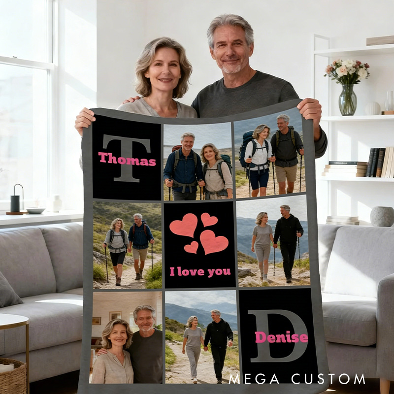 Personalized Heart 6 Photos Soft Throw Blanket with Name and Text Home Decor Valentine's Day Outdoor Hiking Gift for Couple