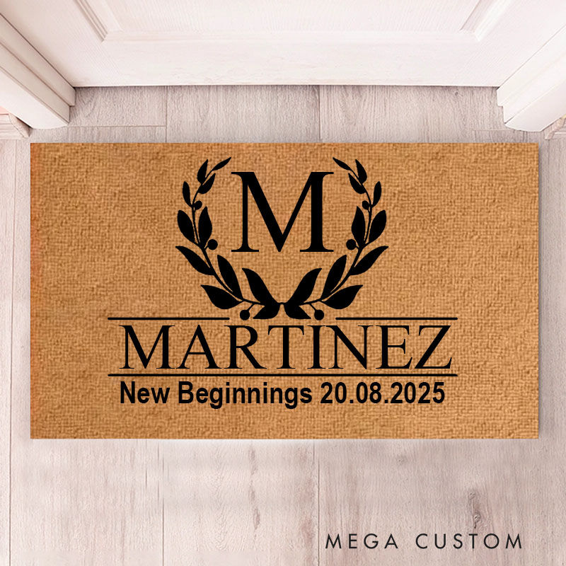 Personalized New Beginnings Doormat Custom Initial Design Durable Coir Welcome Mat for New Home Entryway Thoughtful Housewarming Gift for Families