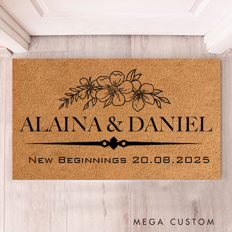 Personalized New Beginnings Doormat Custom Floral Design Durable Coir Welcome Mat for New Home Entryway Housewarming Gift for Families and Couples