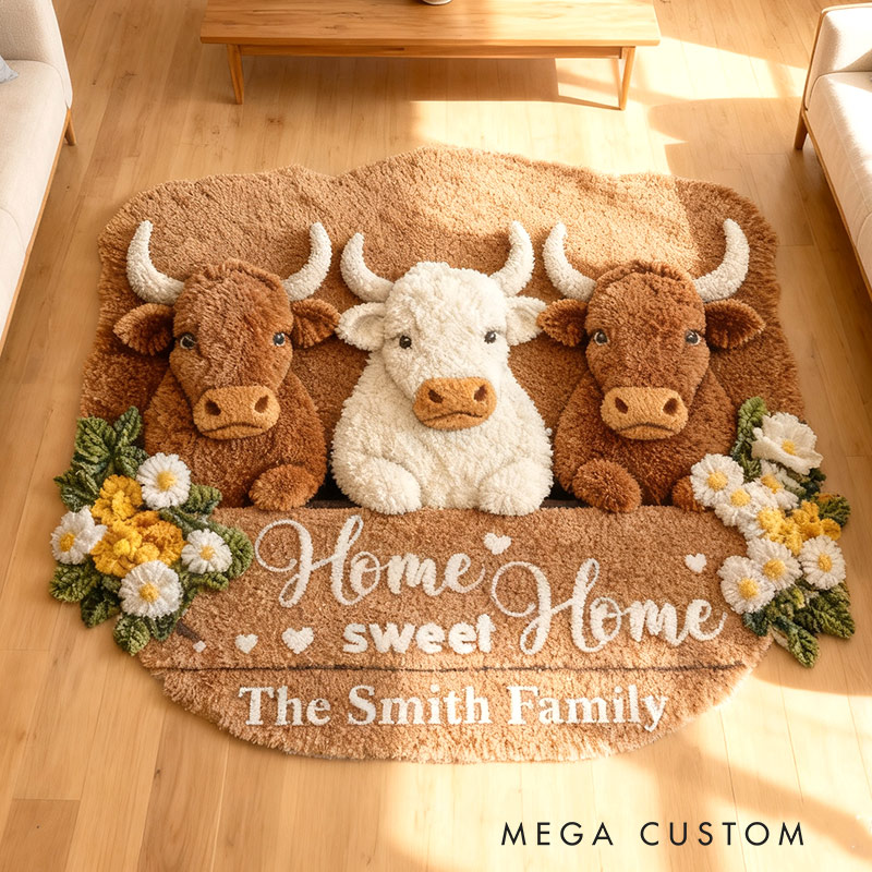 Personalized Home Sweet Home Rug Custom Highland Cow Mat for Family Housewarming Gift