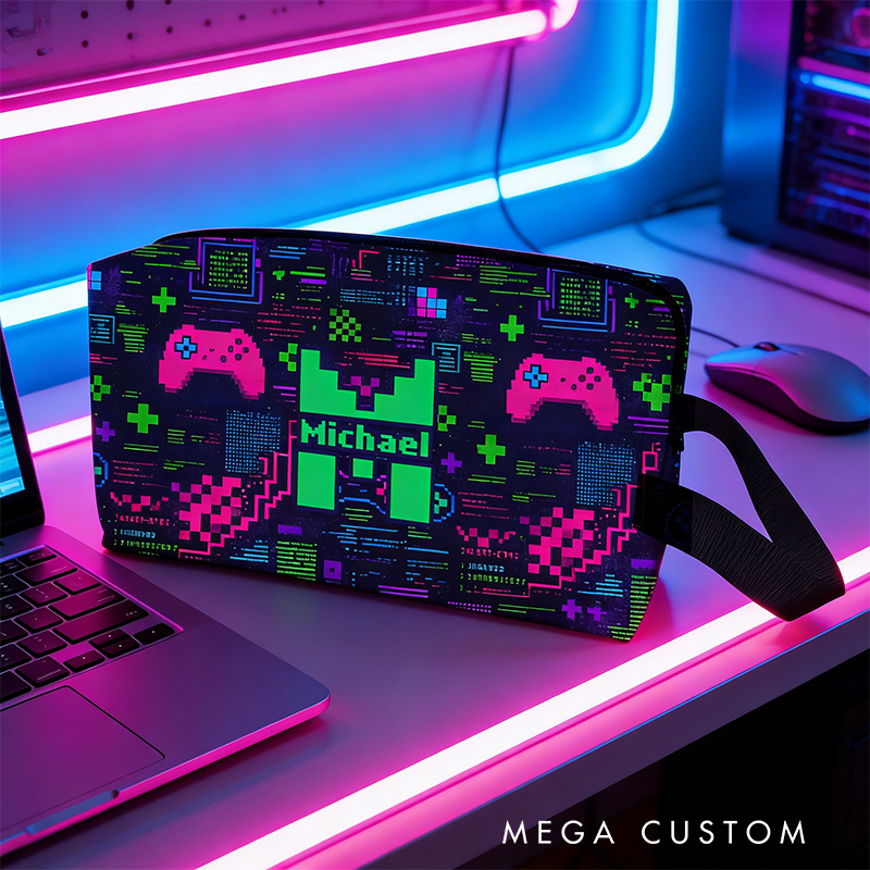 Personalized Glitch Art Style Gamer Name Portable Toiletry Bag with Zipper and Handle Dopp Kit Travel Accessory Birthday Gift for Game Lover