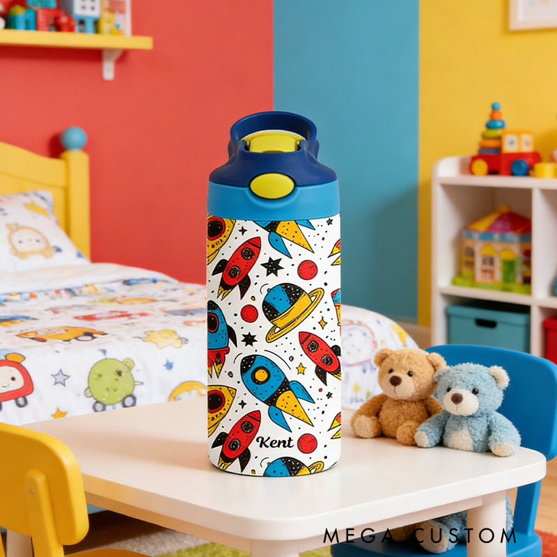 Personalized Rocket Tumbler 12 Oz Kid Insulated Name Water Bottle with Handle and Silicone Straw Space Enthusiasts Gift