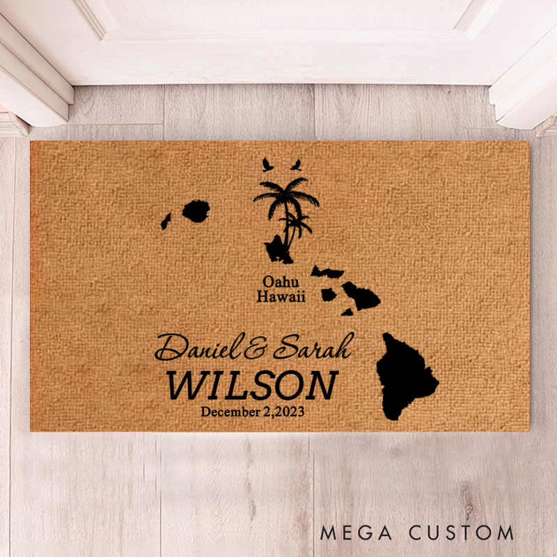Personalized Tropical Theme Doormat Custom Island Design Durable Coir Welcome Mat for New Home Entryway Unique Housewarming Gift for Couples and Family