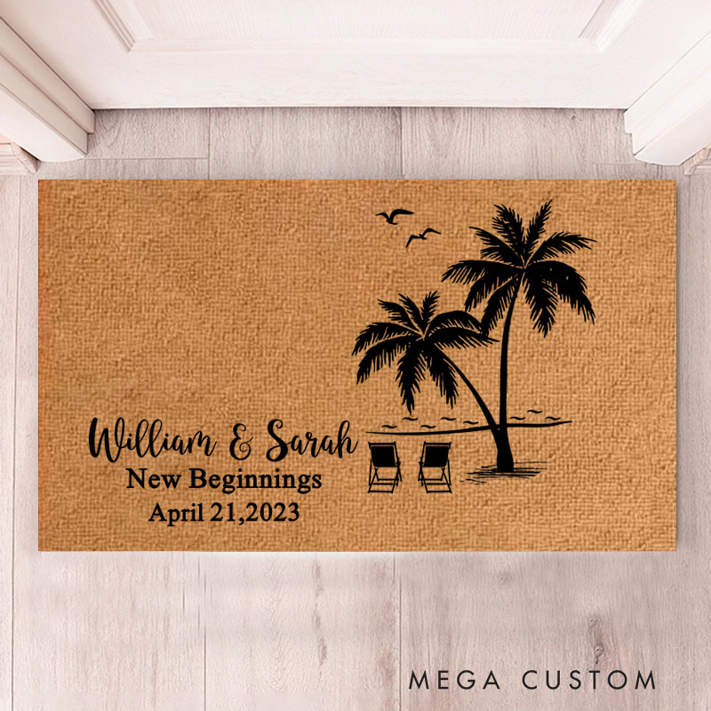 Personalized Doormat Custom Tropical Palm Tree Design Durable Coir Welcome Mat for New Home Entryway Perfect Housewarming Gift for Couples