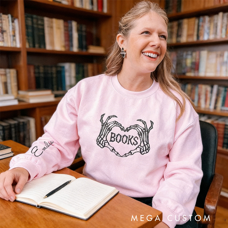 Personalized Spooky Book Classic Sweatshirts Skull Heart Book Sweatshirt Valentine's Day Gift for Book Lover Reader Bookish Bookworm
