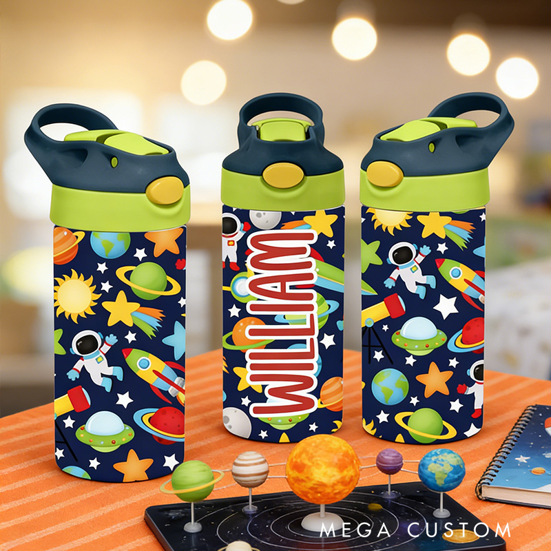 Personalized Outer Space 12oz Boys Tumbler, Pastel Personalized Leak Proof Flip Top Sports Water Bottle Kid School Lunch Insulated Sippy Cup