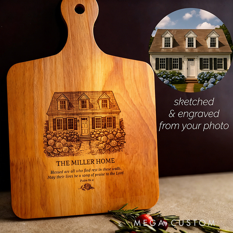 Personalized House Illustration Cutting Board with Custom Name and Bible Verse Christian Housewarming Gift New Home Present Religious Kitchen Accessory