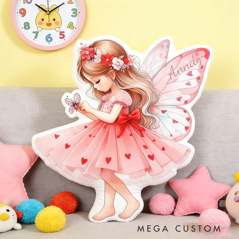 Personalized Heart Fairy Throw Pillow Graphic 3D Print Garden Fairy Pillow with Name for Girl Boy Kids Valentine's Day Gifts Loving Room Decor