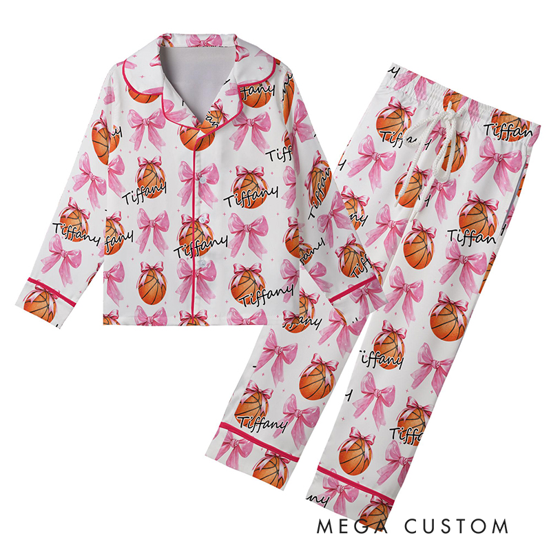 Personalized Couple Basketball Pajamas with Custom Name and Bow Design Gift for Anniversaries Valentine’s Day