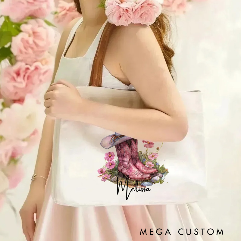 Personalized Birth Flower Western Cowgirl Boots Design Canvas Tote Bag with Name and Leather Handle Outdoor Gift for Women