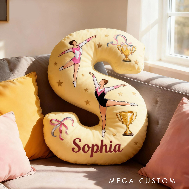 Personalized Graphic 3D Print Yellow Gymnastic Alphabet Shaped Pillow for Gymnastic Lovers Initial Pillow Christmas Gift for Kids