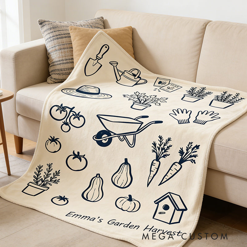 Personalized Garden Harvest Gardening Tools Blanket Garden Line Drawing for Gardening Lovers