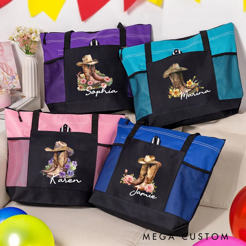Personalized Birth Flower Western Cowgirl Bootstote Bag with Name Anniversary Birthday Gift for Girls Women