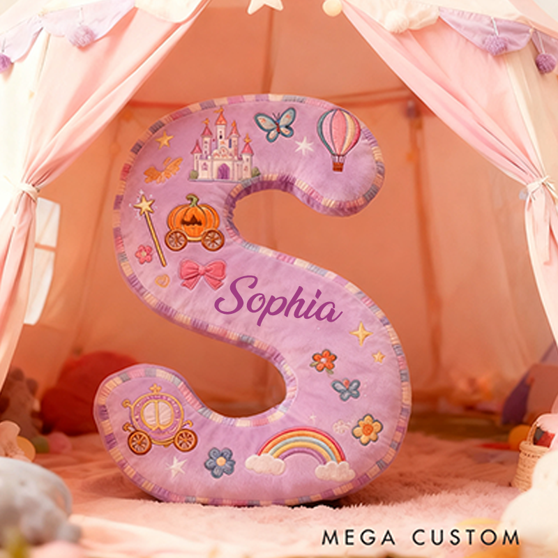 Personalized Princess Letter Christmas Gift Pillow Purple Design and Fairytale Embroidery Graphic 3D Print Pillow for Kids