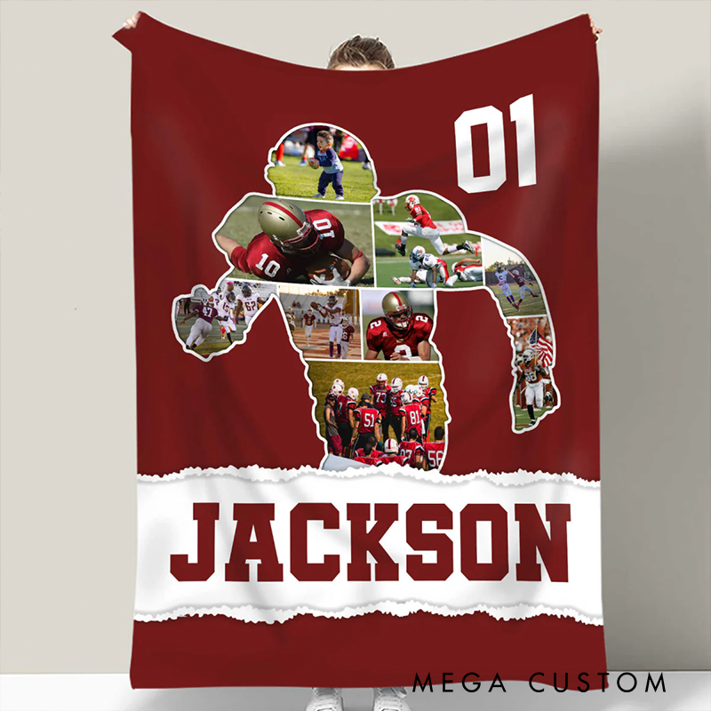 Personalized American Football Photo Collage Blanket with Custom Name and Number
