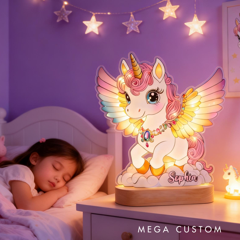 Personalized Beautiful Unicorn Kid Shaped Plaque Light Base Birthday Gifts Gift for Kids