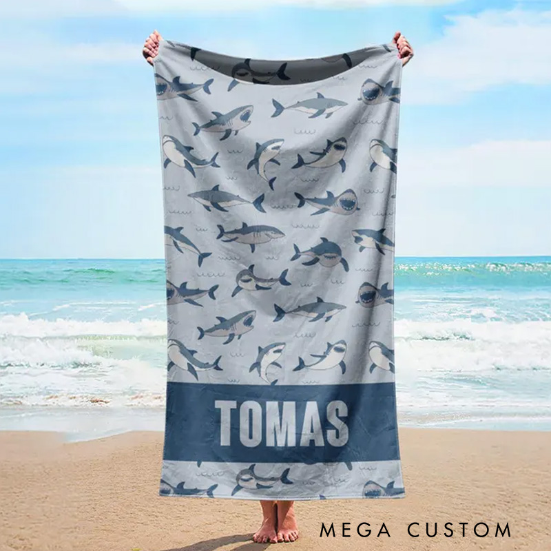 Personalized Shark Beach Towel Custom Name Vibrant Watercolor Gifts for Outdoor Fishing Enthusiasts