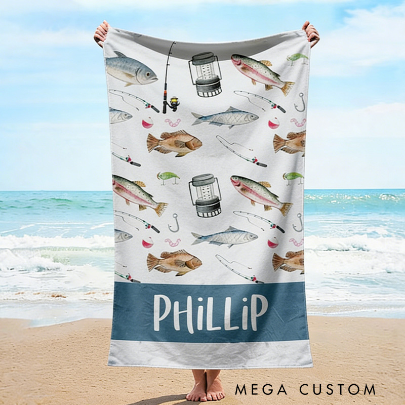 Personalized Fishing Beach Towel Kids Beach Towel Fishing Gear Beach Towel Gifts for Outdoor Fishing Enthusiasts