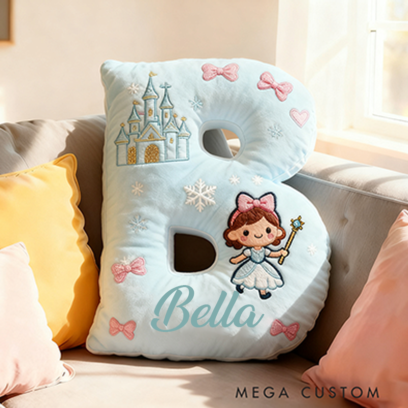 Personalized Light Blue Letter Christmas Gift Pillow with Castle Bow Accents and Fairy Princess Design for a Magical and Whimsical Touch 3D Print Pillow