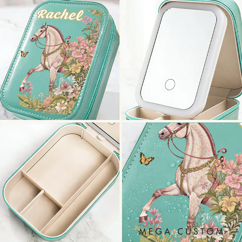Personalized Horse Riding Initial Name PU Leather Jewelry Box with LED Three color Makeup Mirror Travel Essential Birthday Gift for Women for Girls for Horse Lovers Riding Lovers Equestrian Lovers
