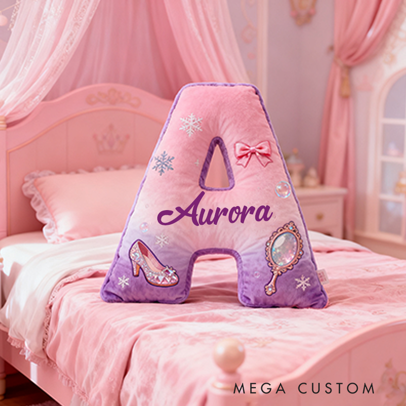 Personalized Colorful 26Letters Magic Mirror and Crystal Shoe Cute Graphic 3D Print Pillow Cute Magic Beautiful Letter Custom Pillow Gift for Kids