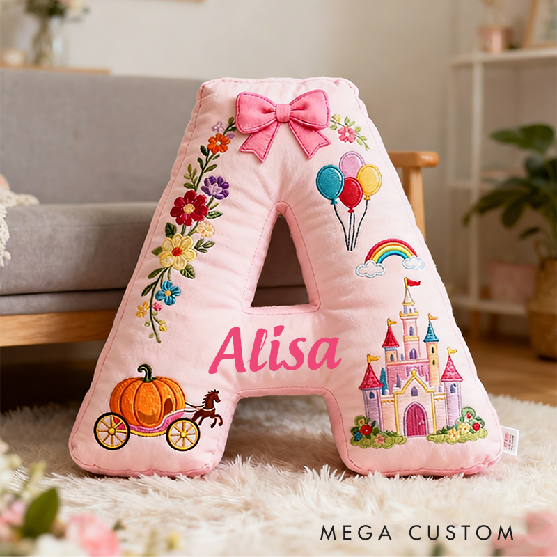 Personalized Pink Letter Christmas Gift Pillow with Castle Pumpkin Carriage Rainbow for a Fairytale Inspired Design Graphic 3D Print Pillow