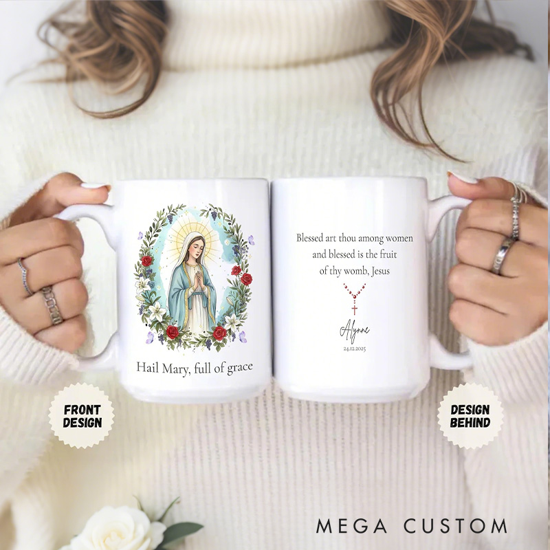 Personalized Virgin Mary Flora 11oz 15oz Ceramic Mug with Custom Name Our Lady Coffee Cup Marian Christian Drinkware Mug Catholic Gift for Women
