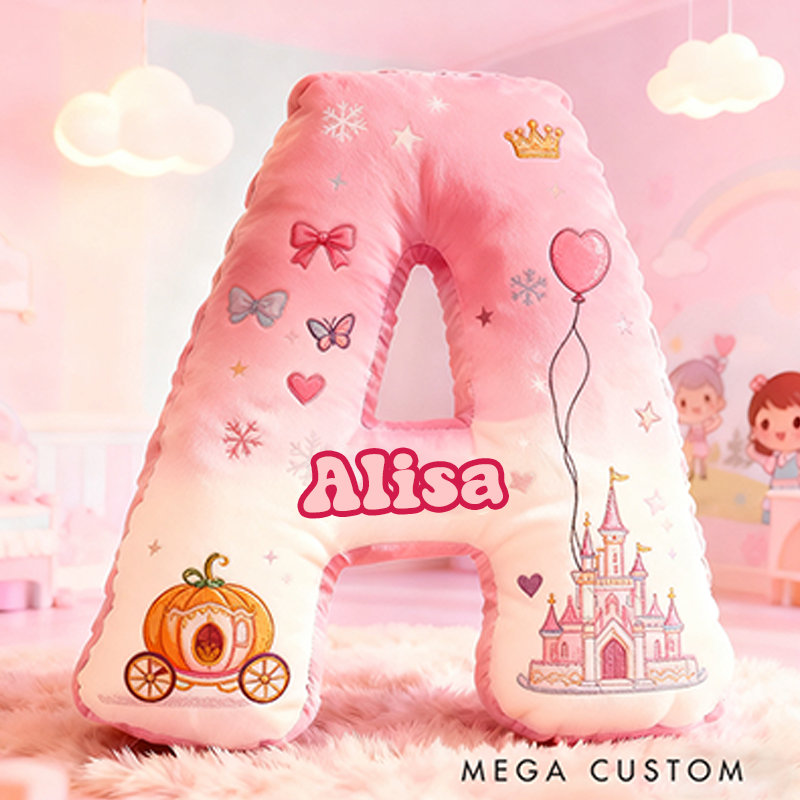 Personalized Letter Christmas Gift Pillow Princess Theme Castle Pumpkin Carriage Crown Balloons and Whimsical Fairy Tale Design Graphic 3D Print Pillow
