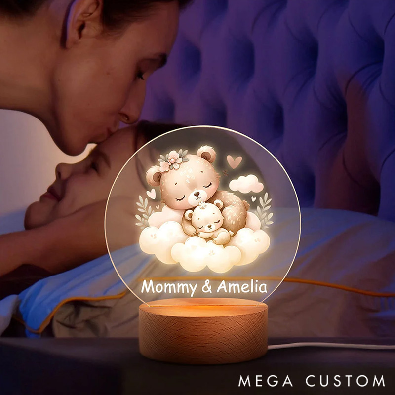 Personalized Sleeping Mommy Baby Animal Dreamy Moon Cloud LED Night Light with Wooden Base and Name Decor Birthday Gift for Kids