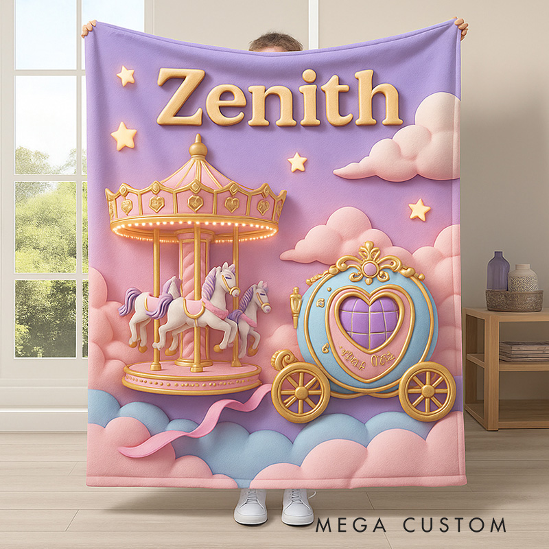 Personalized Cute Carousel And Carriage Custom Name Soft Blanket For Kids Bedroom Blanket