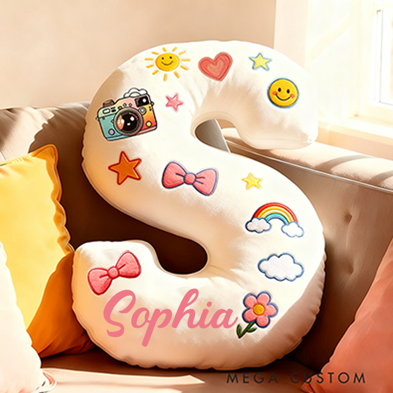 Personalized 26 Letters Shaped Christmas gift Pillow with Cute Camera Bowknots Flowers Smiley Faces Stars and Pastel Design Graphic 3D Print Pillow