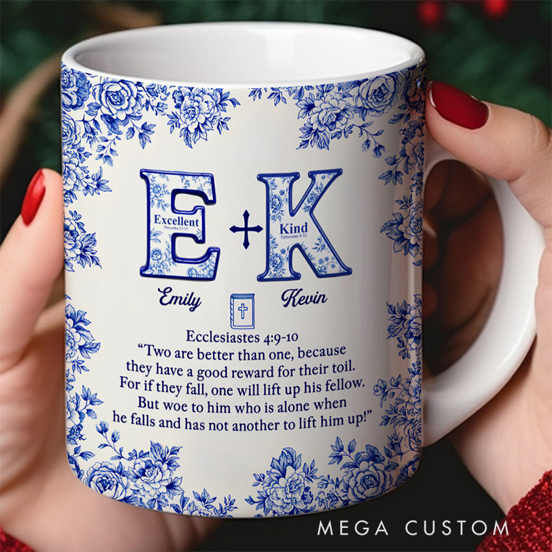 Personalized Toile de Jouy Faith & Love 11oz Ceramic Mug with Custom Intial and Name Bible Verse Coffee Cup Wedding Gift Valentine Gifts for Couple