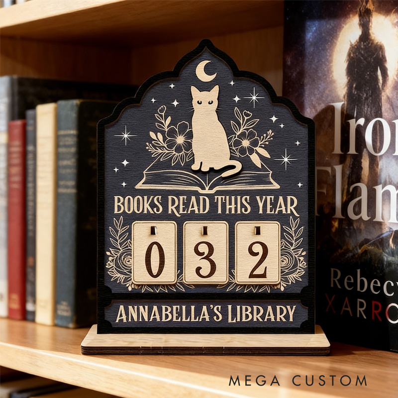 Personalized Books Read This Year Counter Vintage Book and Cat Reading Tracker with Name Bookshelf Decor for Book Lover Bookish Librarian Reader Christmas Gift