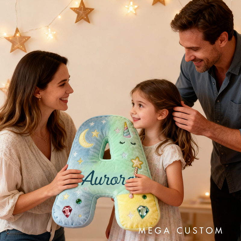 Personalized Colorful 26 Letters Unicorn Starry Dream Cute Graphic 3D Print Pillow Cute Magic Beautiful Letter Custom Pillow Gift for Kids