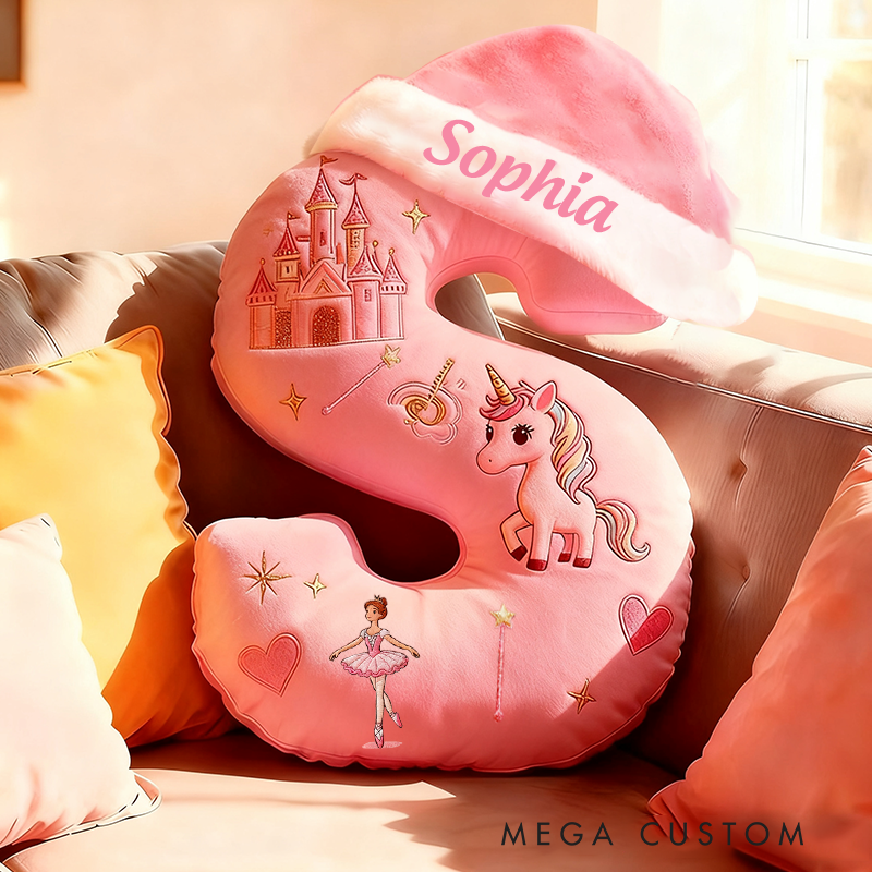 Personalized Pink Letter Pillow with Santa Hat Castle Ballerina Stars and Fairytale-Inspired Design Magic Graphic 3D Print Pillow