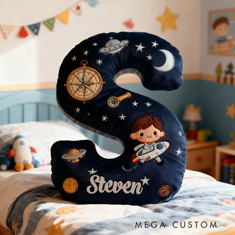 Personalized Space Themed Christmas Gift Pillow with Stars Moon Spaceship Compass Telescope and Astronaut Design Graphic 3D Print Pillow