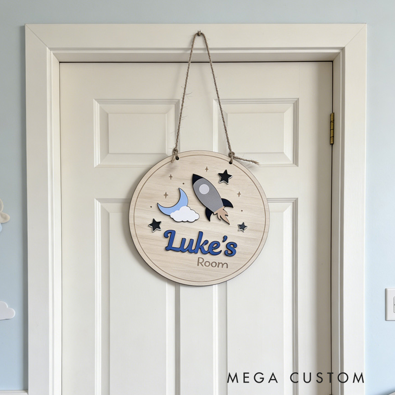 Personalized Space Theme Cute Rocket Custom Name Wall Decor For Kids Room Childs Bedroom Door Sign