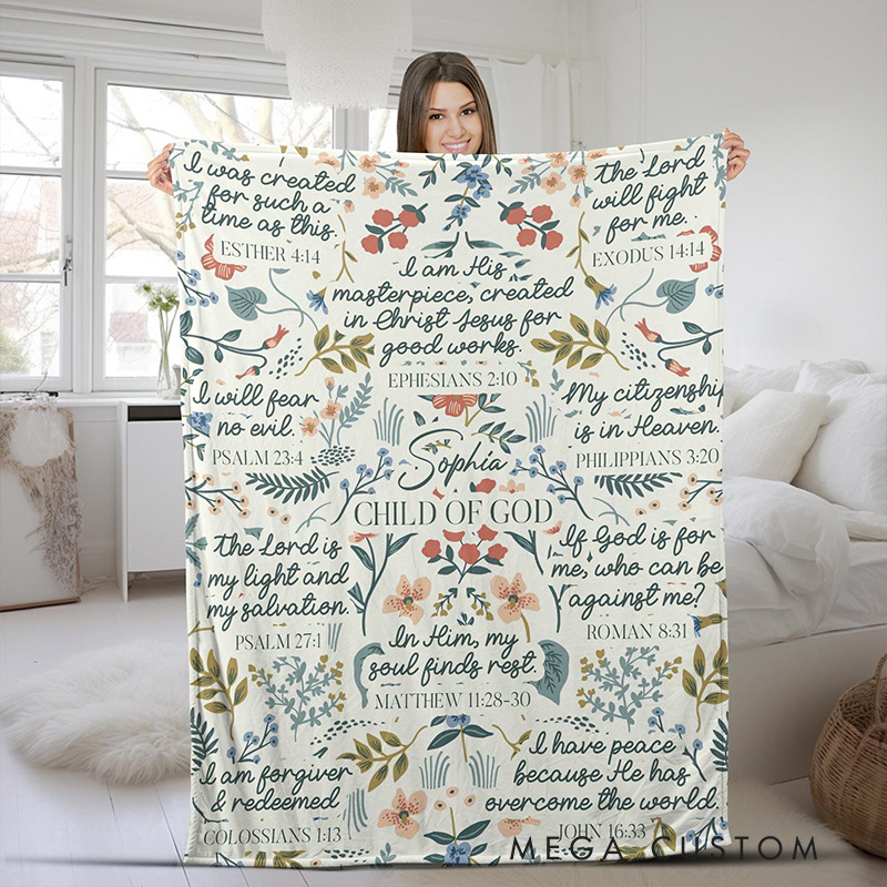Personalized Child of God Inspiration Soft Throw Blanket with Custom Name Bible Floral Blanket Family Gift Christian Gift Religious Baptism GiftSoft Throw Blanket with Name Yellow White Floral Marian Catholic Plush Blanket Religious Baptism Gift