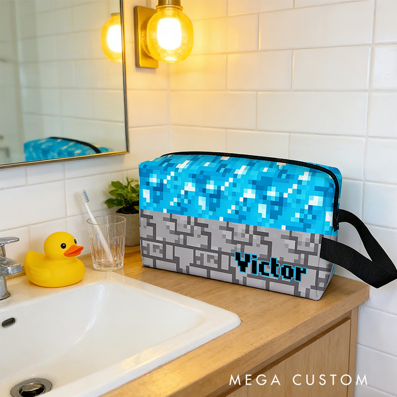 Personalized Pixel Diamond Portable Toiletry Bag with Zipper and Handle Dopp Kit Travel Accessory Birthday Gift for Game Lover Kids