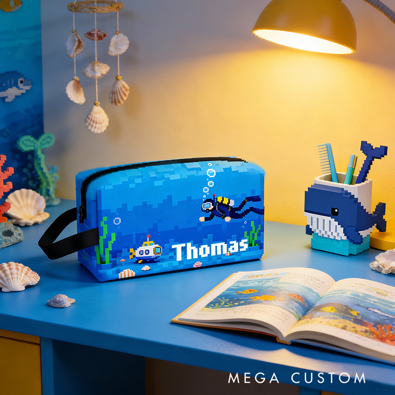 Personalized Pixel Ocean Game Portable Toiletry Bag with Zipper and Handle Dopp Kit Travel Accessory Birthday Gift for Game Lover Kids