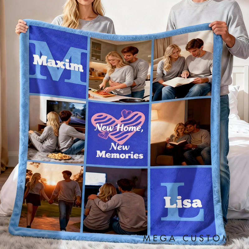 Personalized Heart 6 Photos Soft Throw Blanket with Name New Home Gift Valentine's Day for Couple Housewarming Gift 