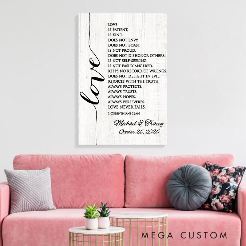 Personalized Corinthians Bible Verse Frameless Poster with Custom Couple Names Wedding Wall Decor Religious Gift for Couple
